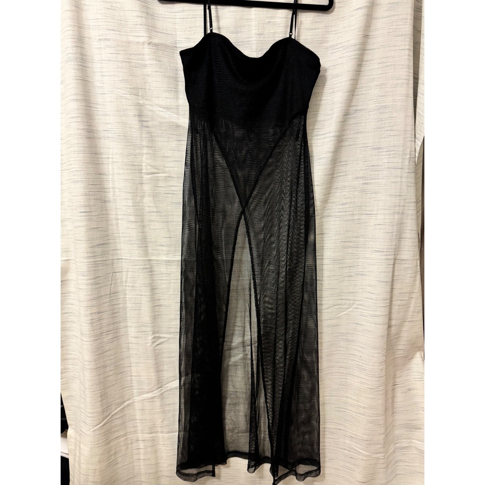 Next Up Black Mesh Cowl Neck Maxi Dress Sheer High Slit Festival Wear Large